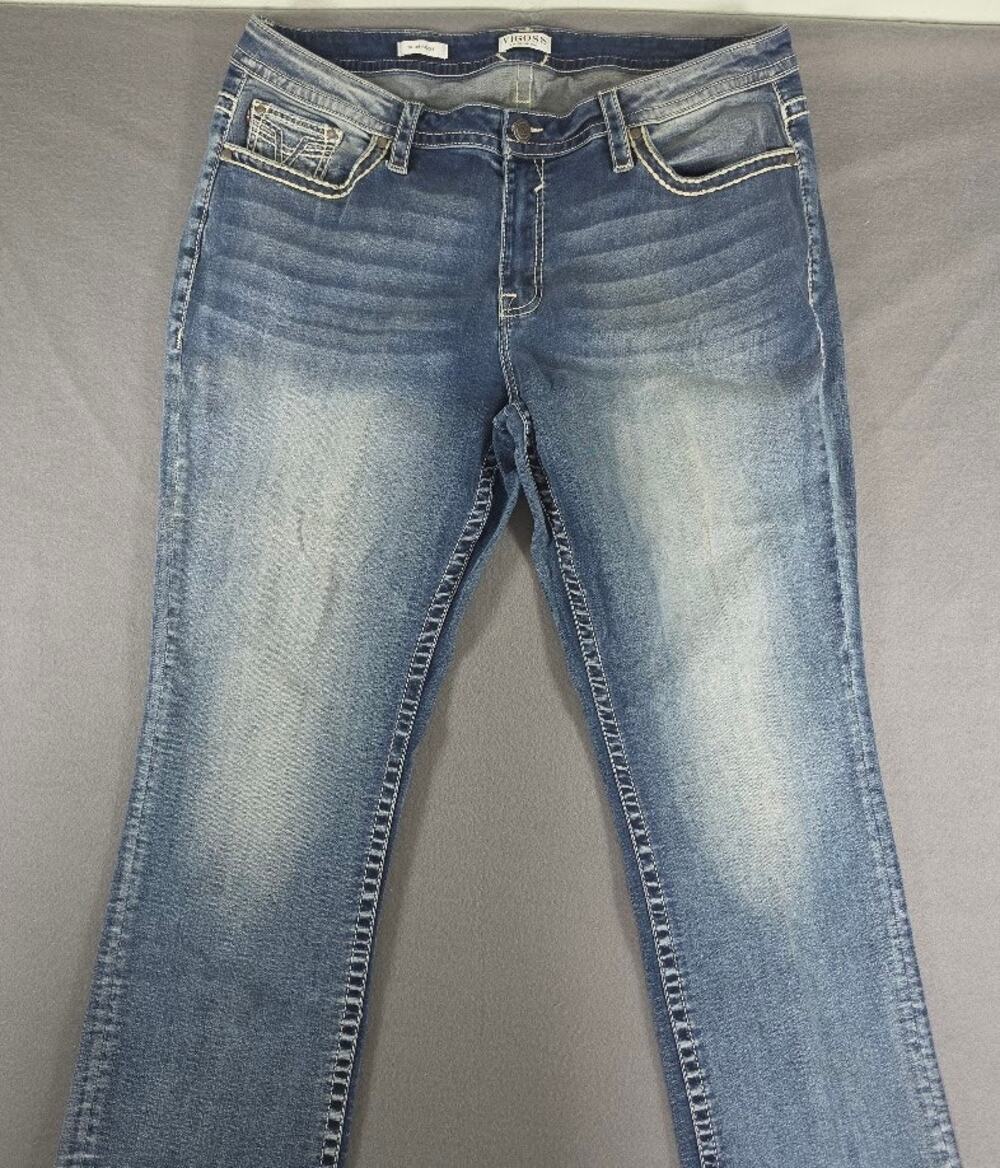 Vigoss Slim Boot Jeans Womens 22 Med Wash Heavy Contrast Stitch Bling Pockets
